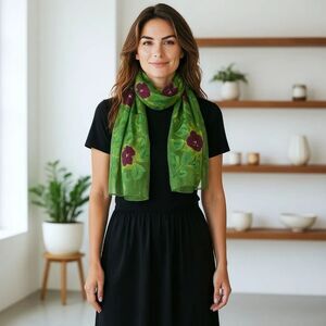 Vintage Lady Heritage Sillook 100% Silk Scarf Green Purple Flowers Square 29x29